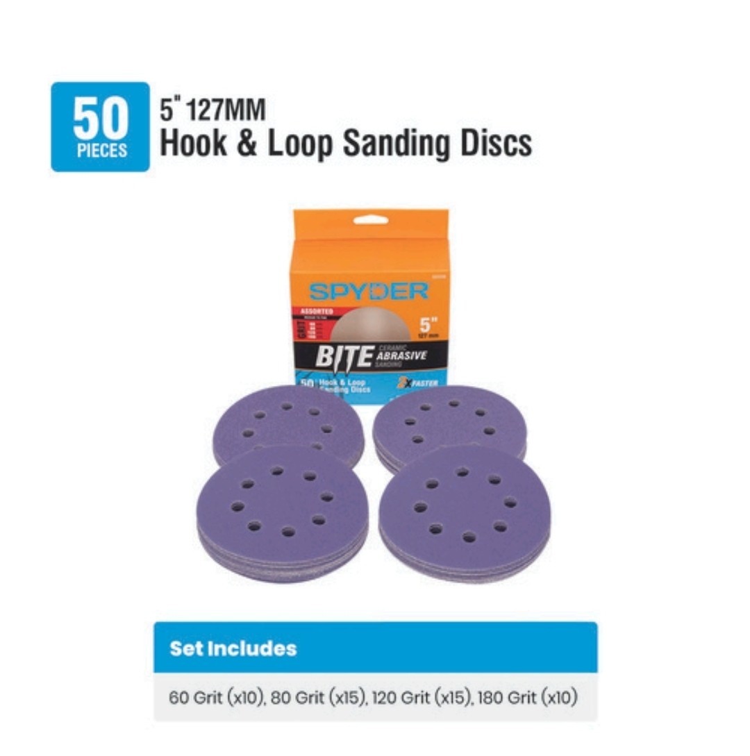 SPYDER 50 Count 5″ Hook & Loop Ceramic Sanding Discs 60/80/120/180 Grits