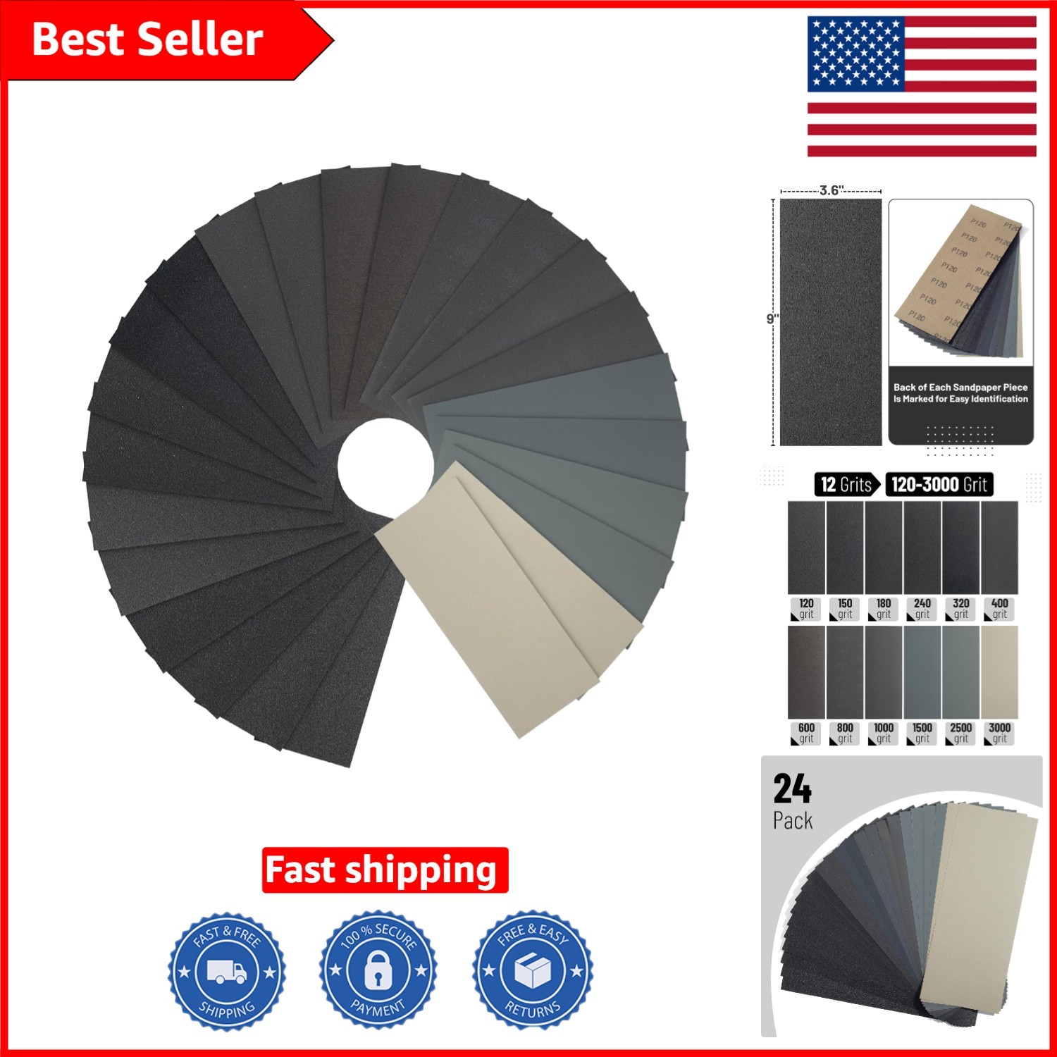 Complete Sandpaper Assortment 120-3000 Grit 24 Pcs for Flawless Project Finishes