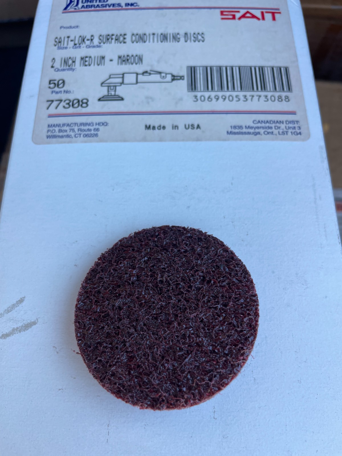 50/pkg United Abrasives 77308 2″ Sait-Lok-R Surface Cond. Discs Medium MAROON