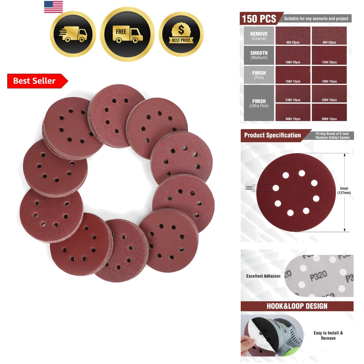 150-piece Sanding Discs Set – 5-Inch 8-Hole Sandpaper 10 Grades Include 60, 8…