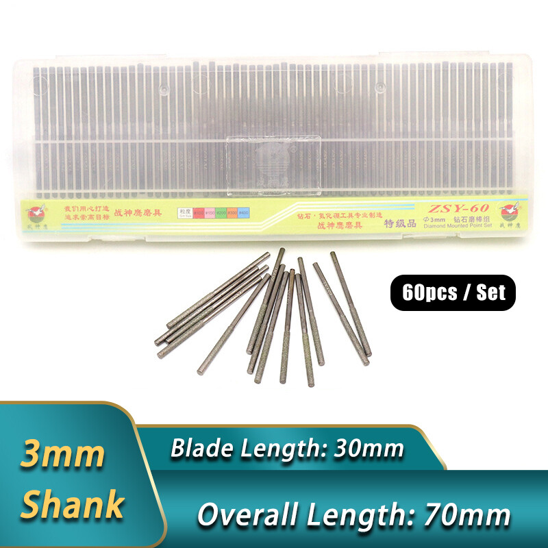 60pcs 3*70*30mm Diamond Grinding Head Extended Cylindrical Drill Bits Polishing