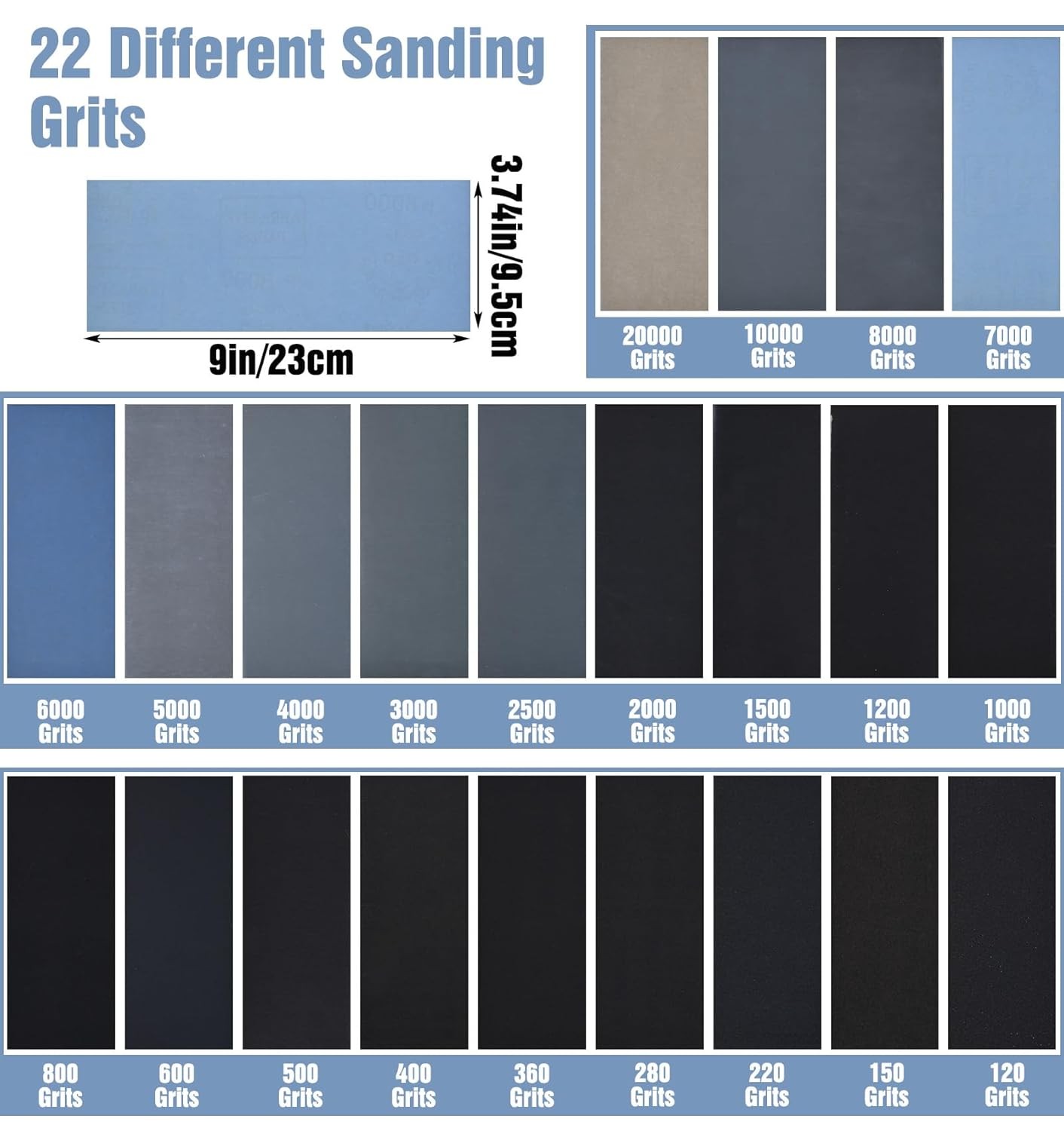 Wet Sand Paper High Grit for Metal 22 PCS Sanding Grit 3 Finger Coarse to