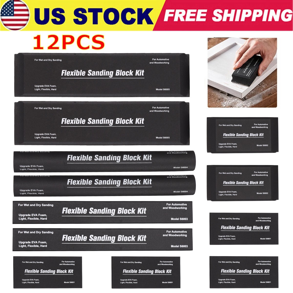 12x EVA Foam Sanding Block Set Wet Dry Sandpaper for Automotive Wood Body Repair