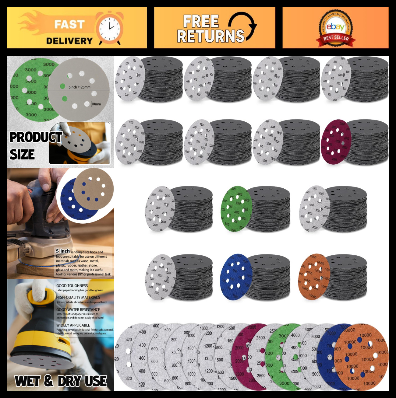 200 Pcs 5″ Hook & Loop Sanding Discs, Wet/Dry, Assorted Grits 320-10000, Orbital