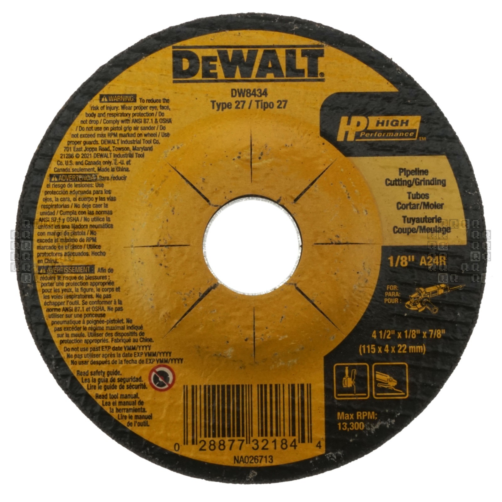 DeWALT DW8434 4-1/2″ Diameter Pipeline Cutting Grinding Wheel, 1/8″ Thickness