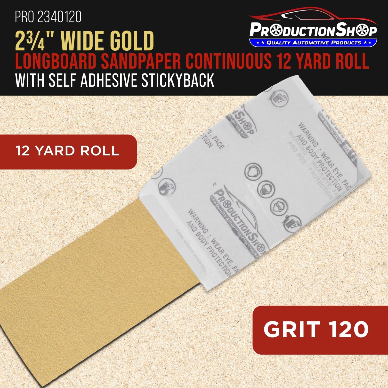 Premium 120 Grit PSA Gold Longboard Sandpaper Roll – 2-3/4″ x 12 Yards, Self-Adh