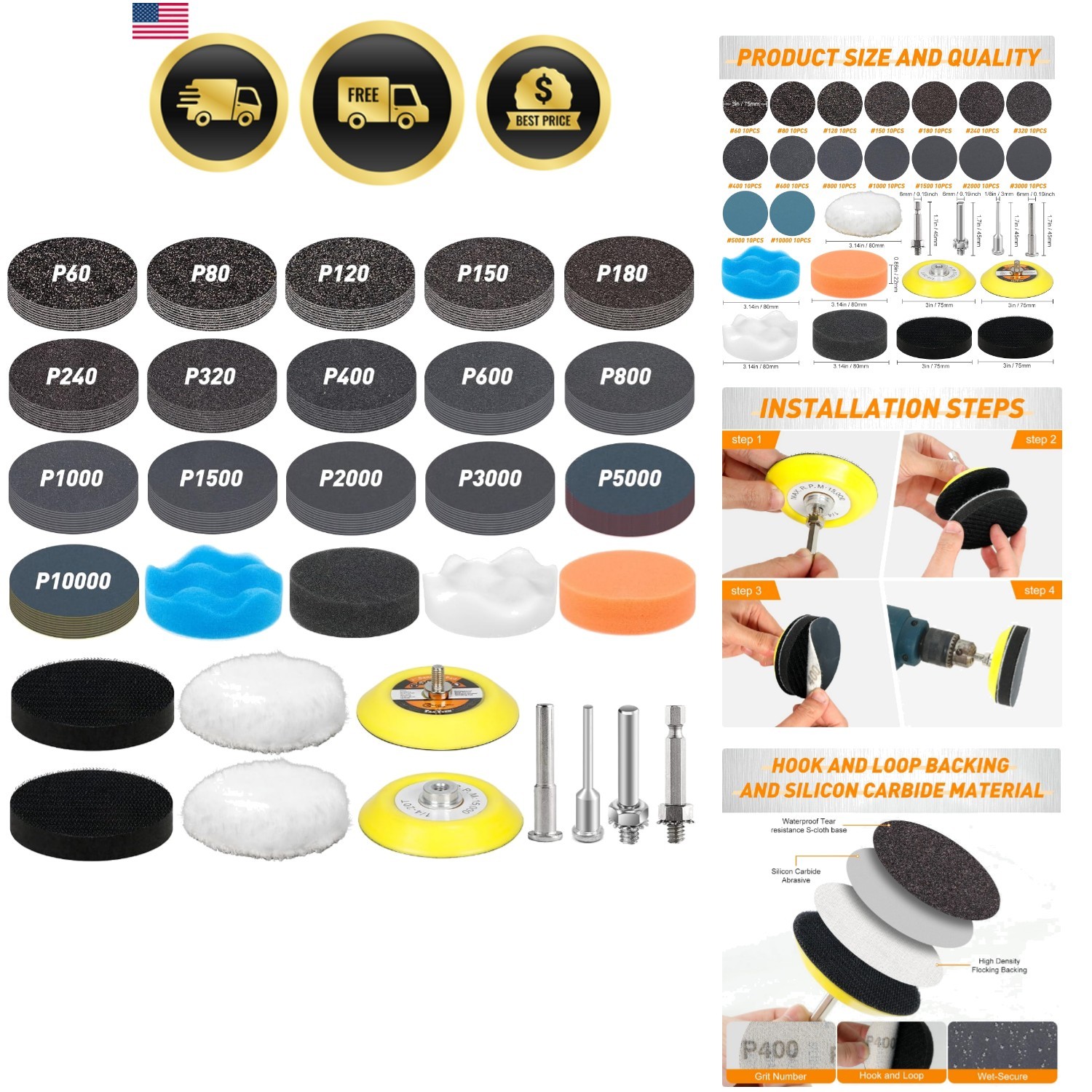 174 PCS 3 Inch Wet Dry Sanding Discs Grit 60 80 120 150 180 240 320 400 600 8…