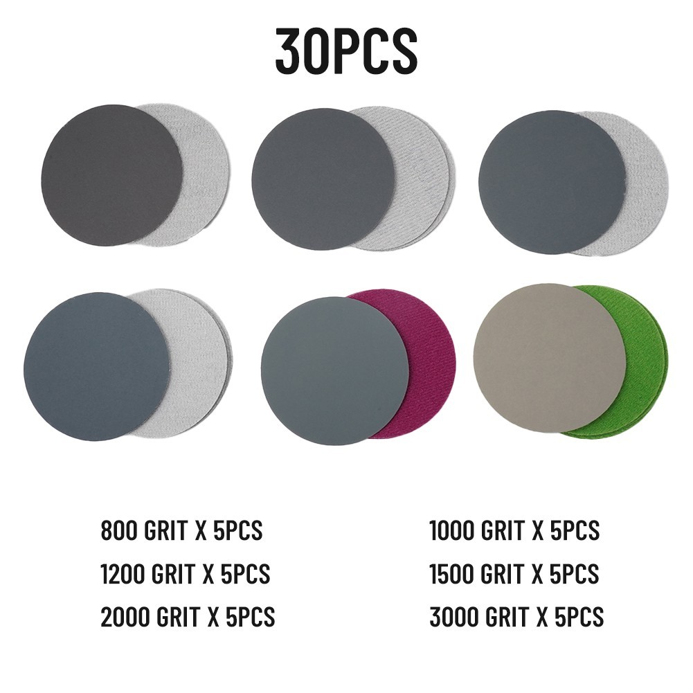 30pcs 3in/75mm Hook&Loop Wet/Dry 800 1000 1200 1500 3000Grit Sanding Discs New
