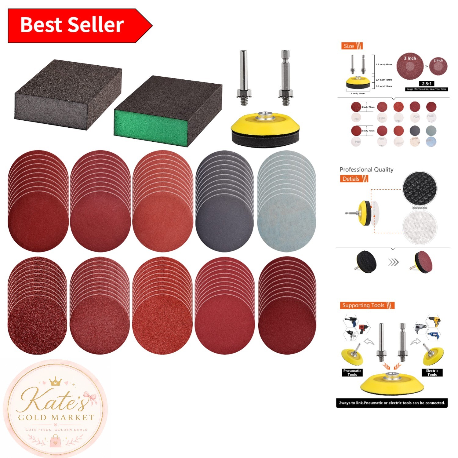 100Pcs 3-Inch Aluminum Oxide Sanding Discs & Sponge Blocks for Precision Polish