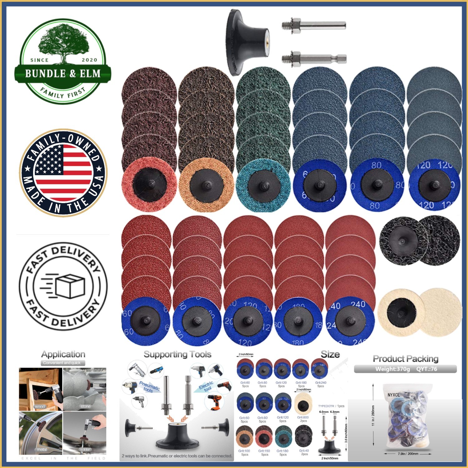Sanding Discs Set of 60 for Angle Grinders, Includes 2-Inch Quick Change Holders