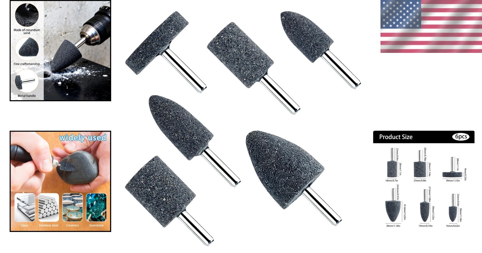 6 Pack 3 Shapes Abrasive Grinding Stone Mounted Grinding Bits 1/4 Inch Shank