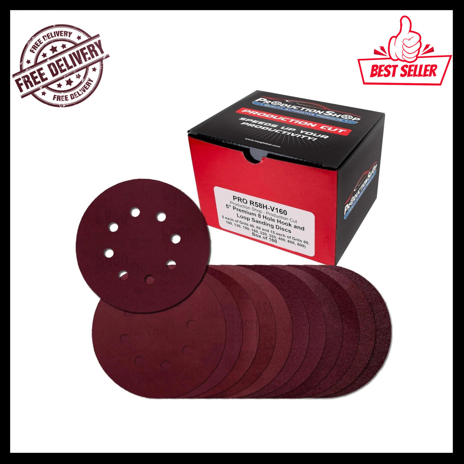 160 Pack 5 inch Sanding Discs 8-Hole Red Variety Pack Grit, Hook ,Loop Sandpaper