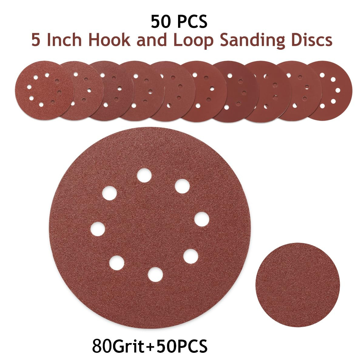 5 Inch 8 Hole Sanding Discs Hook and Loop, 50 PCS 80 Grit round Sand Paper