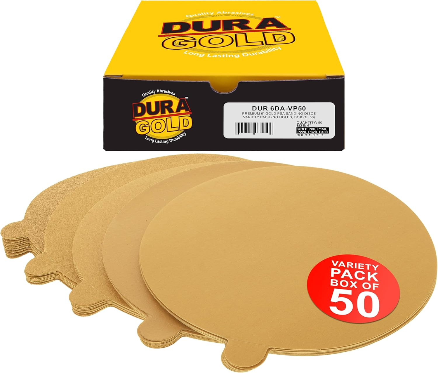 Premium 80, 150, 220, 320, 400 Grit 6″ Gold PSA Sanding Discs, 10 Each, 50 Total