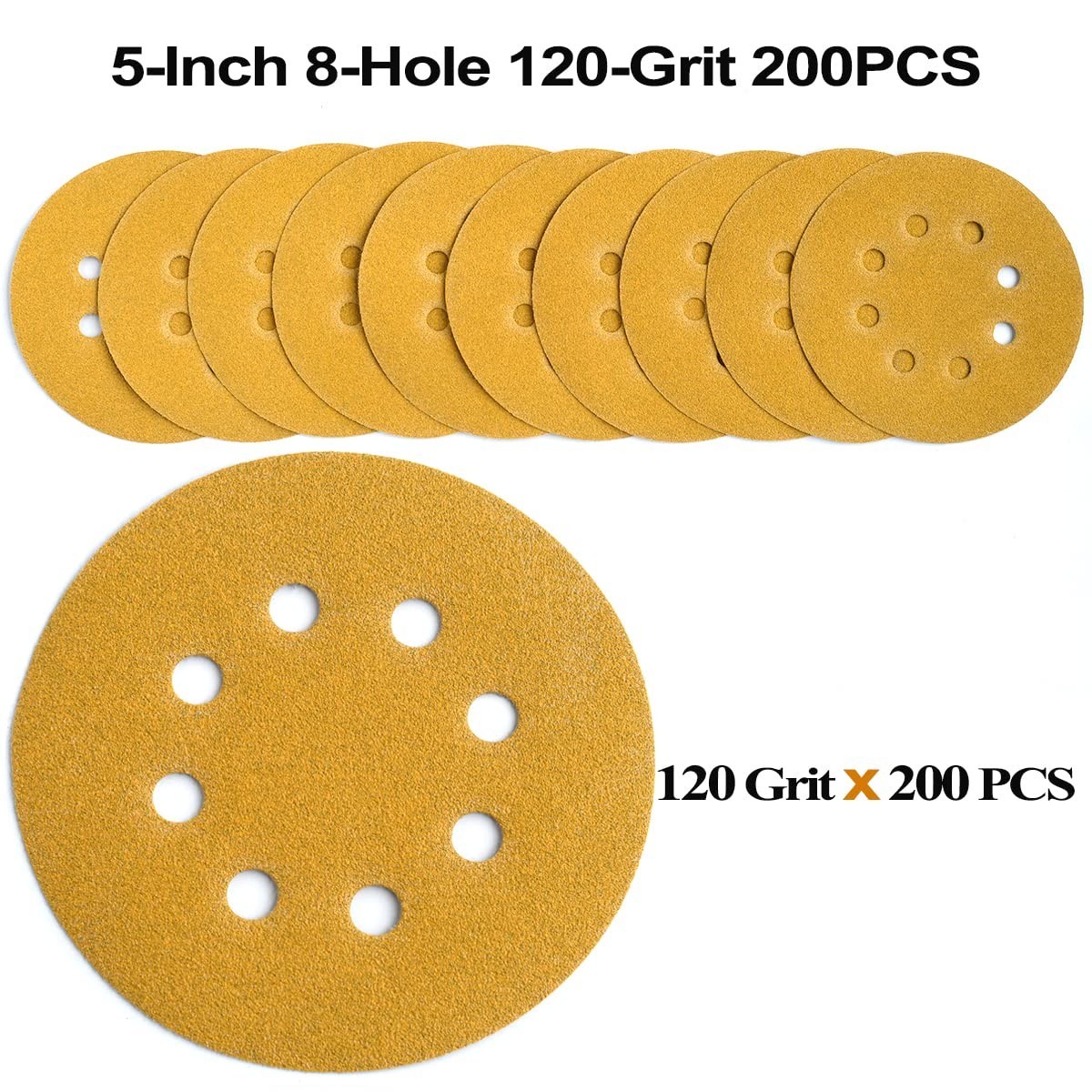 200-Pack 5-Inch 120 Grit Hook and Loop Sanding Discs for Random Orbital Sander