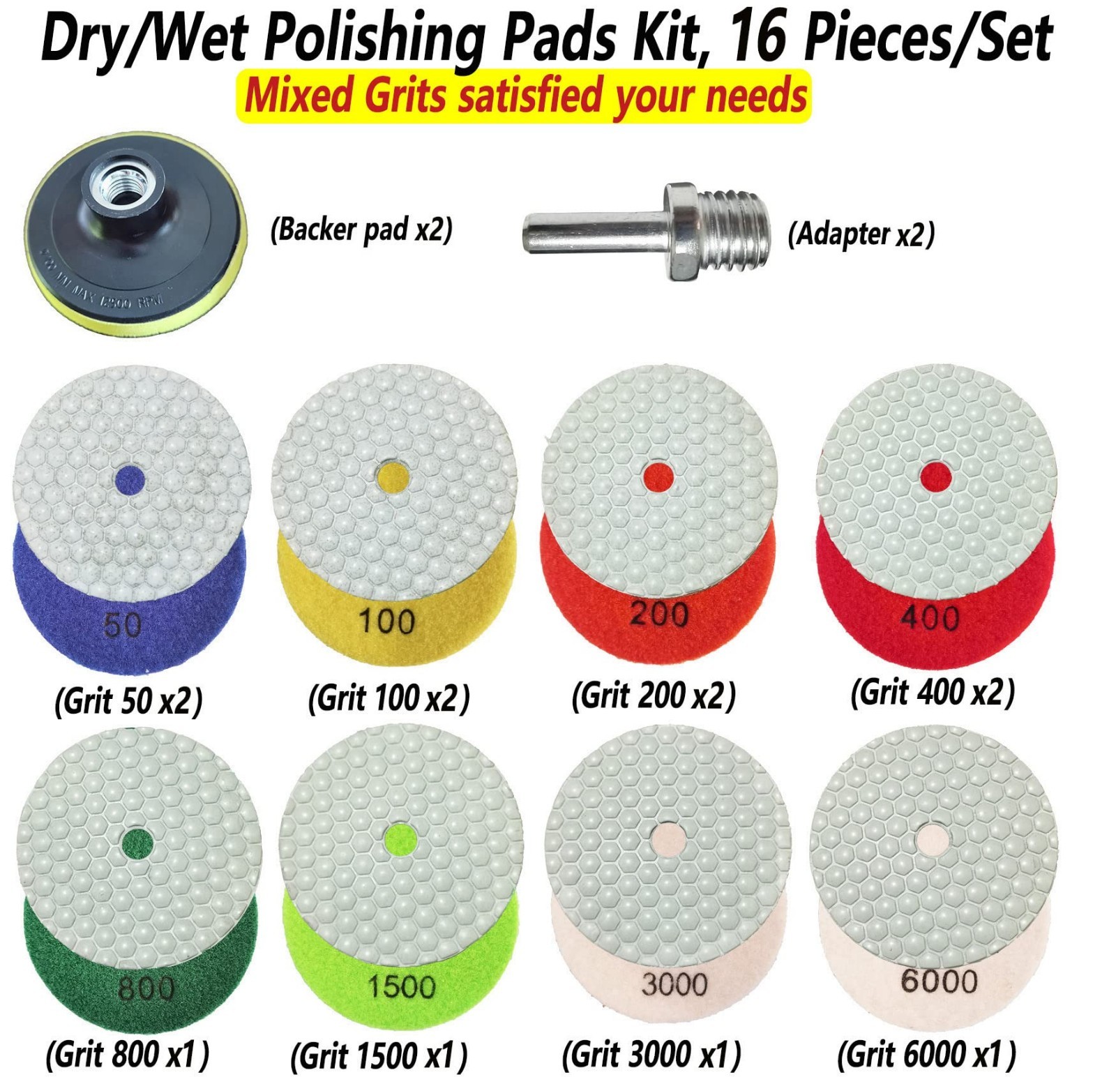 16 Pack 4″ Dry/Wet Diamond Polishing Pads Set for Granite, Marble, Quartz, Stone