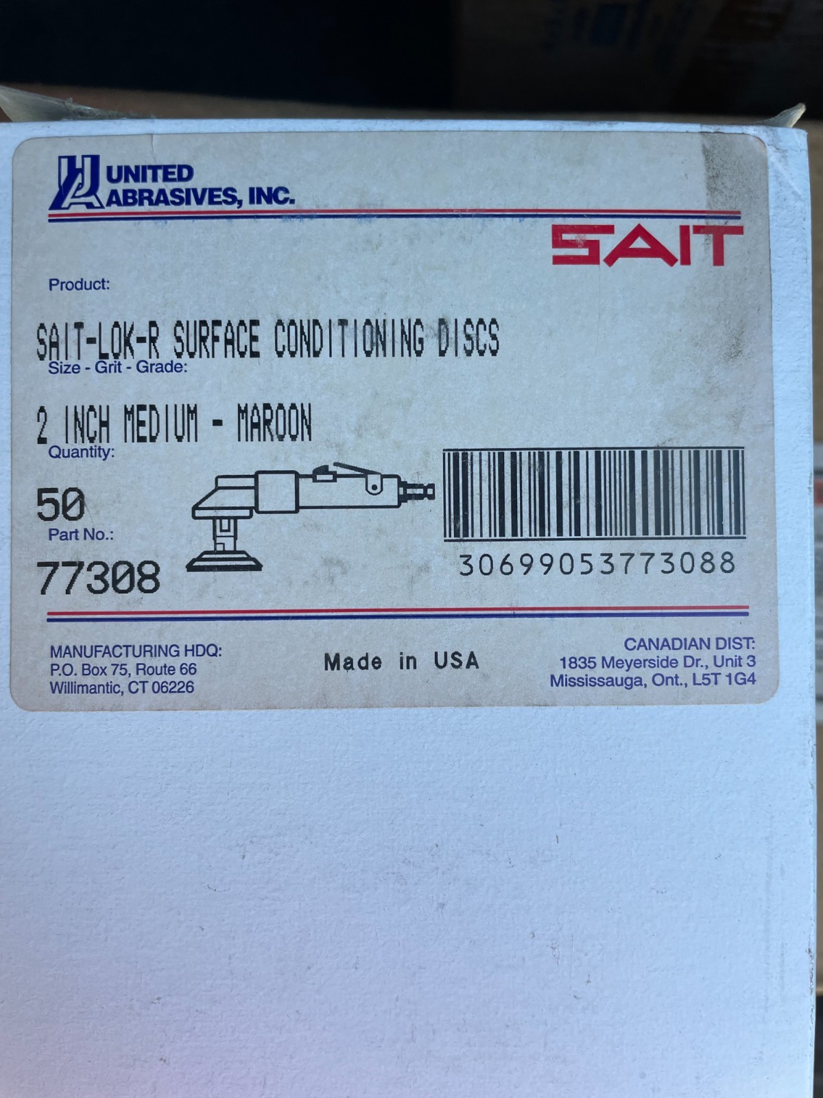 50/pkg United Abrasives 77308 2″ Sait-Lok-R Surface Cond. Discs Medium MAROON