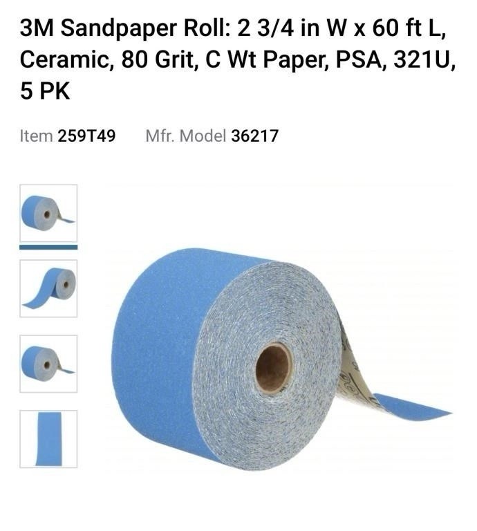 3M Blue Abrasive Sheet Roll Sand Paper, 36217, 80, 2-3/4 in x 20 yd Box Of 5