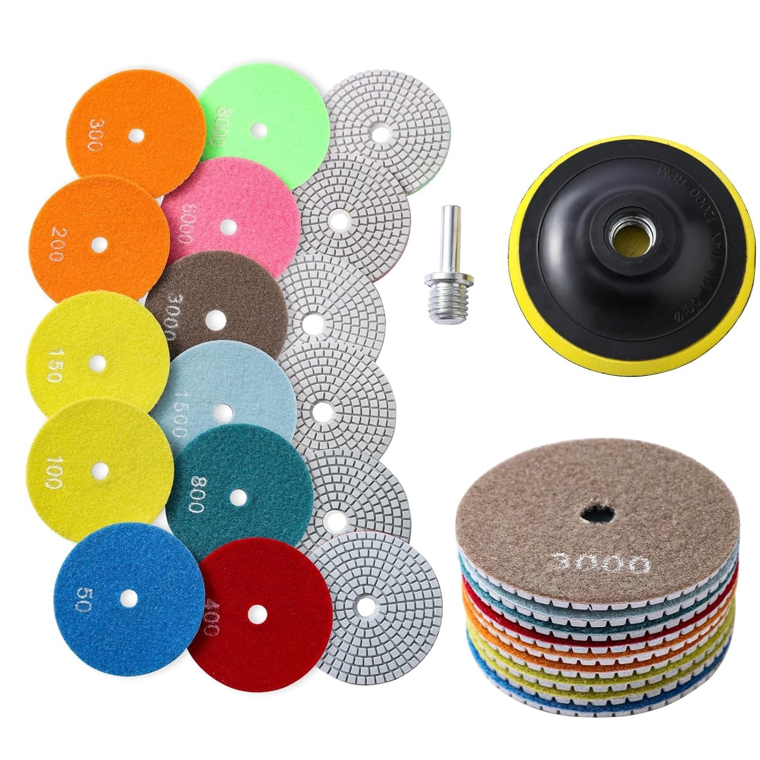 Kit 13Pzs Almohadillas Diamante 4″ 50–8000 Grit para Granito Mármol Hormigón