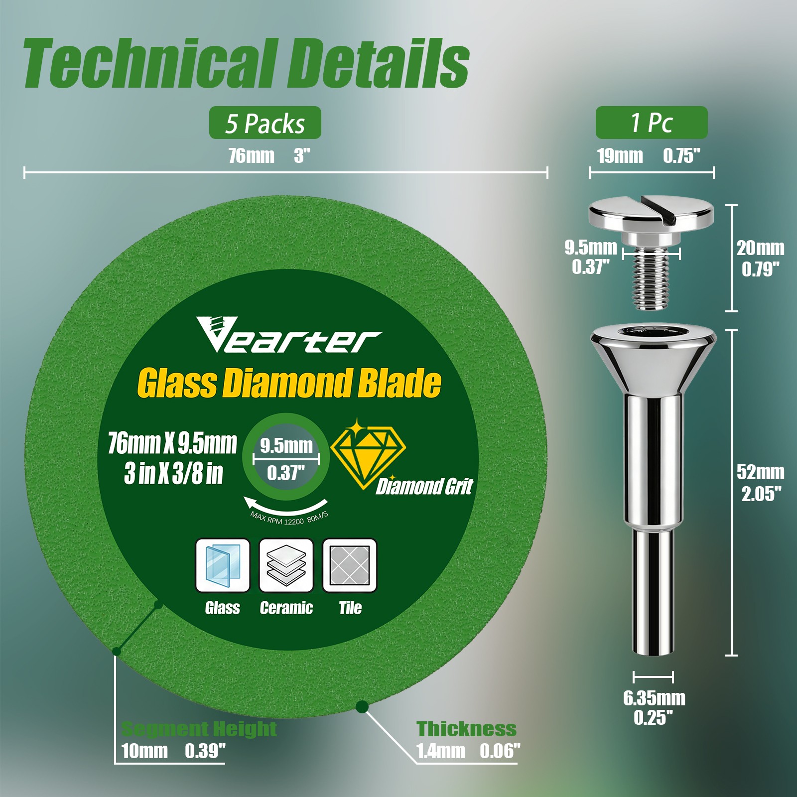 Vearter Set of 5 3″Diamond Cutting Wheels with 1/4″ Mandrel for Glass Tile