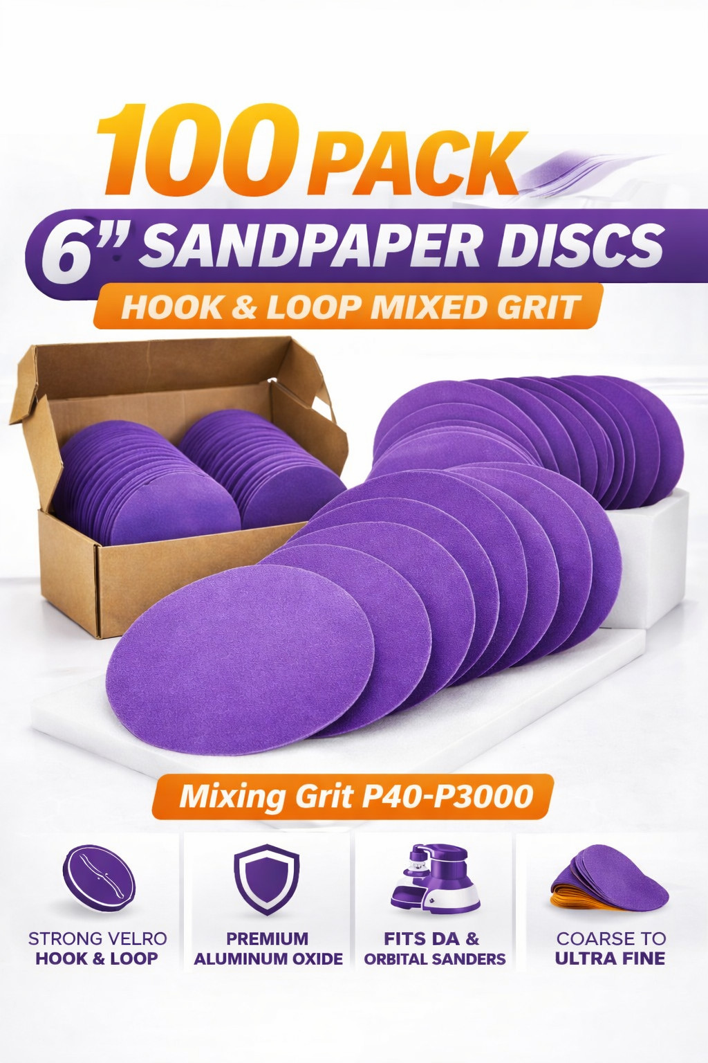 Mila Auto 6 Inch Sandpaper Discs 100 Pack Hook & Loop Orbital DA Grit 40-3000