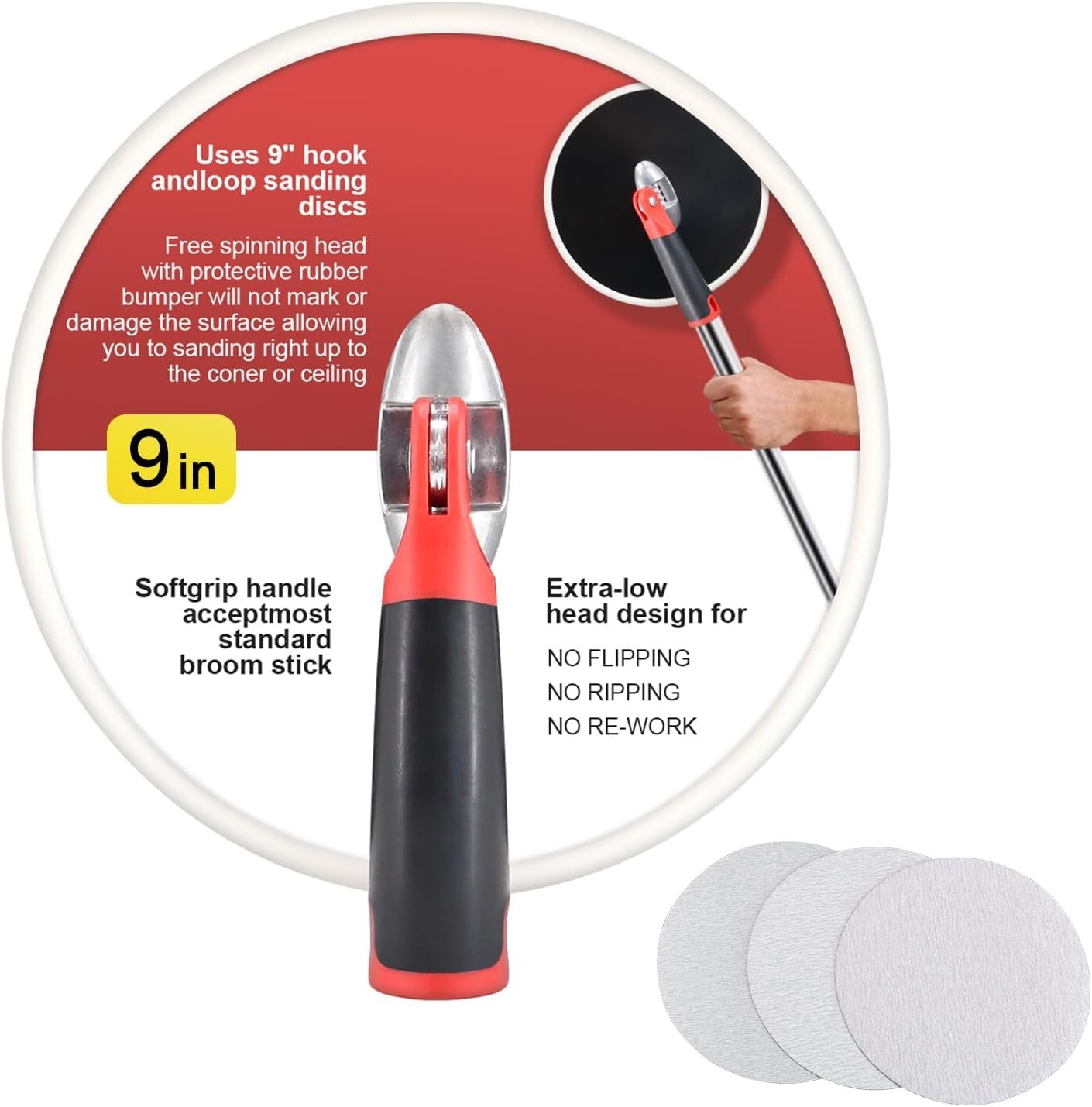 Drywall Sander 9 Inch Radial Round Pole Sander for Dry Wall Include 3pcs Sanding