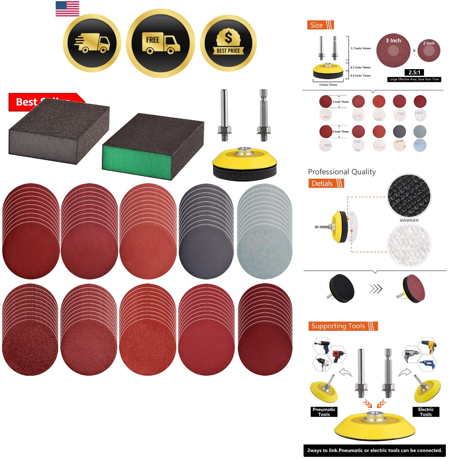 100pcs 3inch Sanding Discs Pad with 2Pcs Sanding Sponge Buffing Blocks Variet…