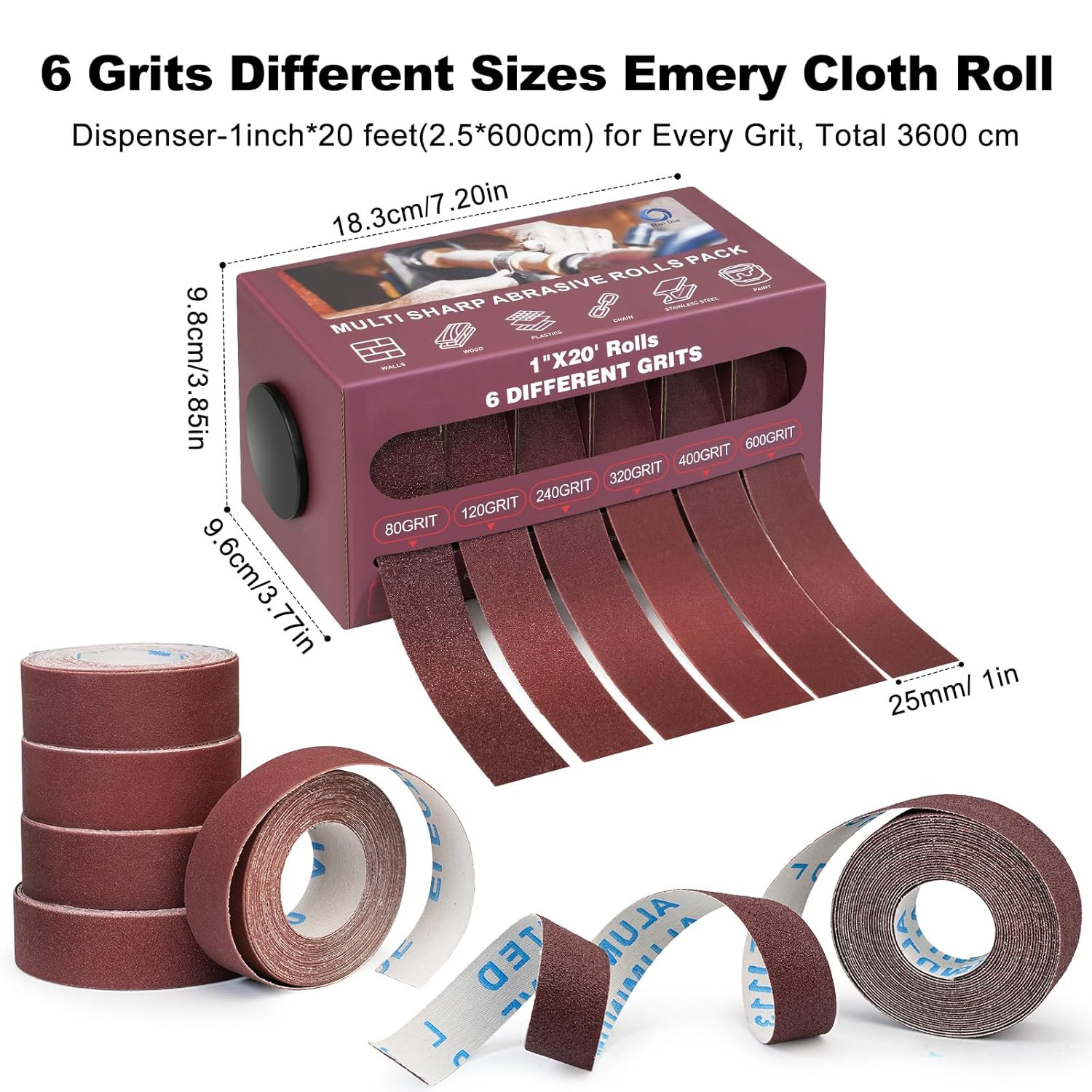 Emery Cloth Sandpaper Roll with Dispenser Aluminum Oxide 6 Pack 80-600 Grit 1 in