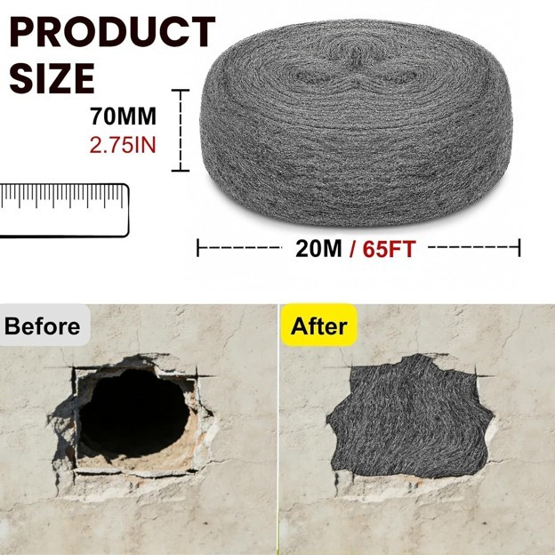 Steel Wool Roll 65ft for Mice Control Filling Holes Rust Removal Polishing and