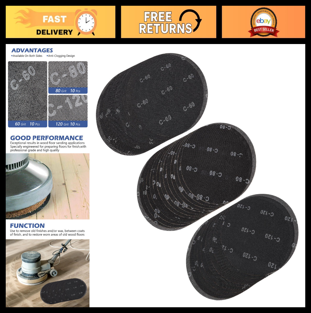 17″ Floor Sanding Screen Discs 30-Pack | 60, 80, 120 Grit Heavy-Duty Mesh Pads