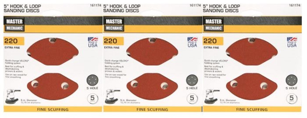 3 Pack Master Mechanic 161174 5 Inch 8 Hole Hook and Loop 220 Grit – 15 Discs