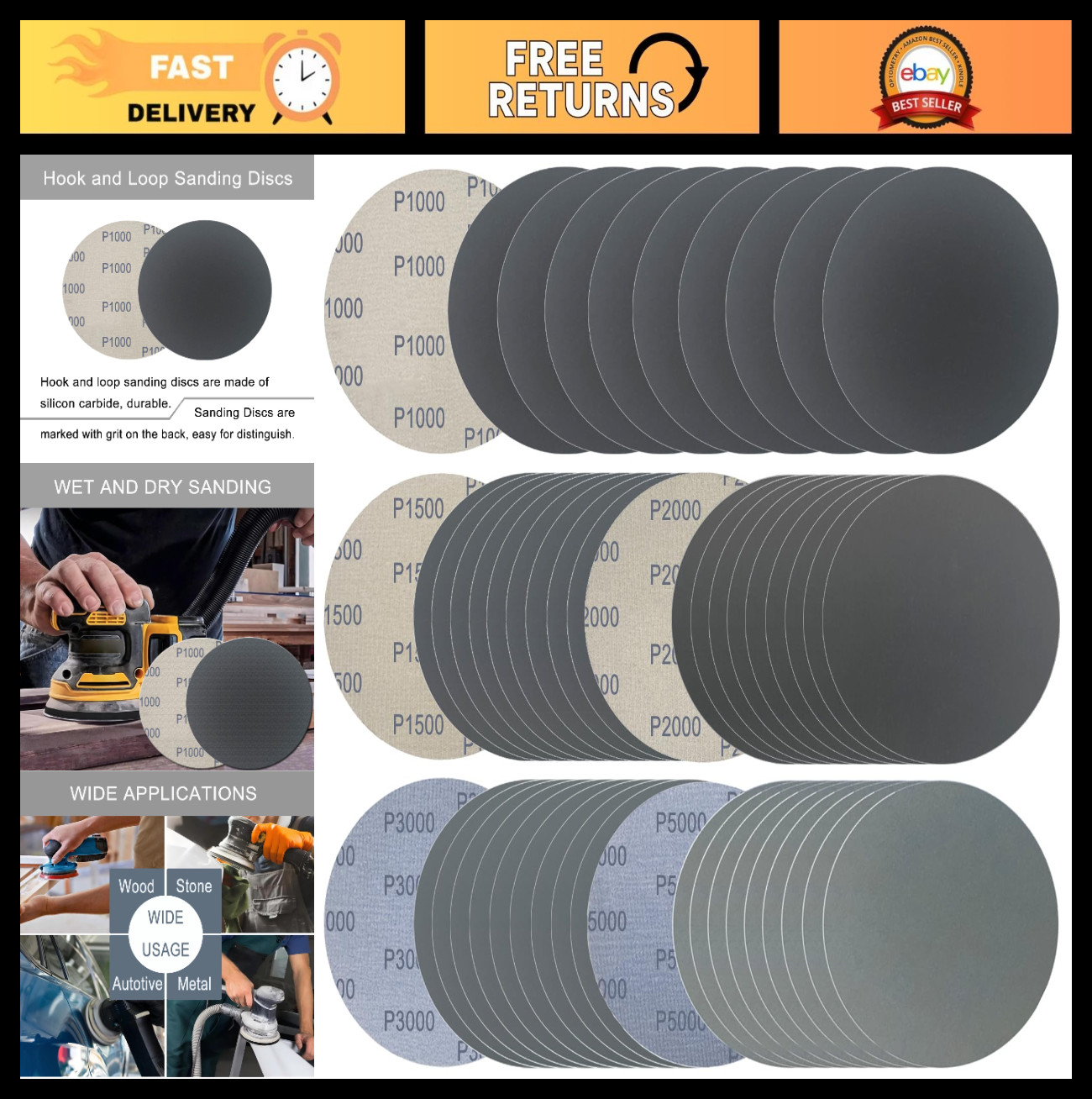 50 Pcs 6″ Wet Dry Sanding Discs Assorted Grits 1000-5000 for Orbital Sander