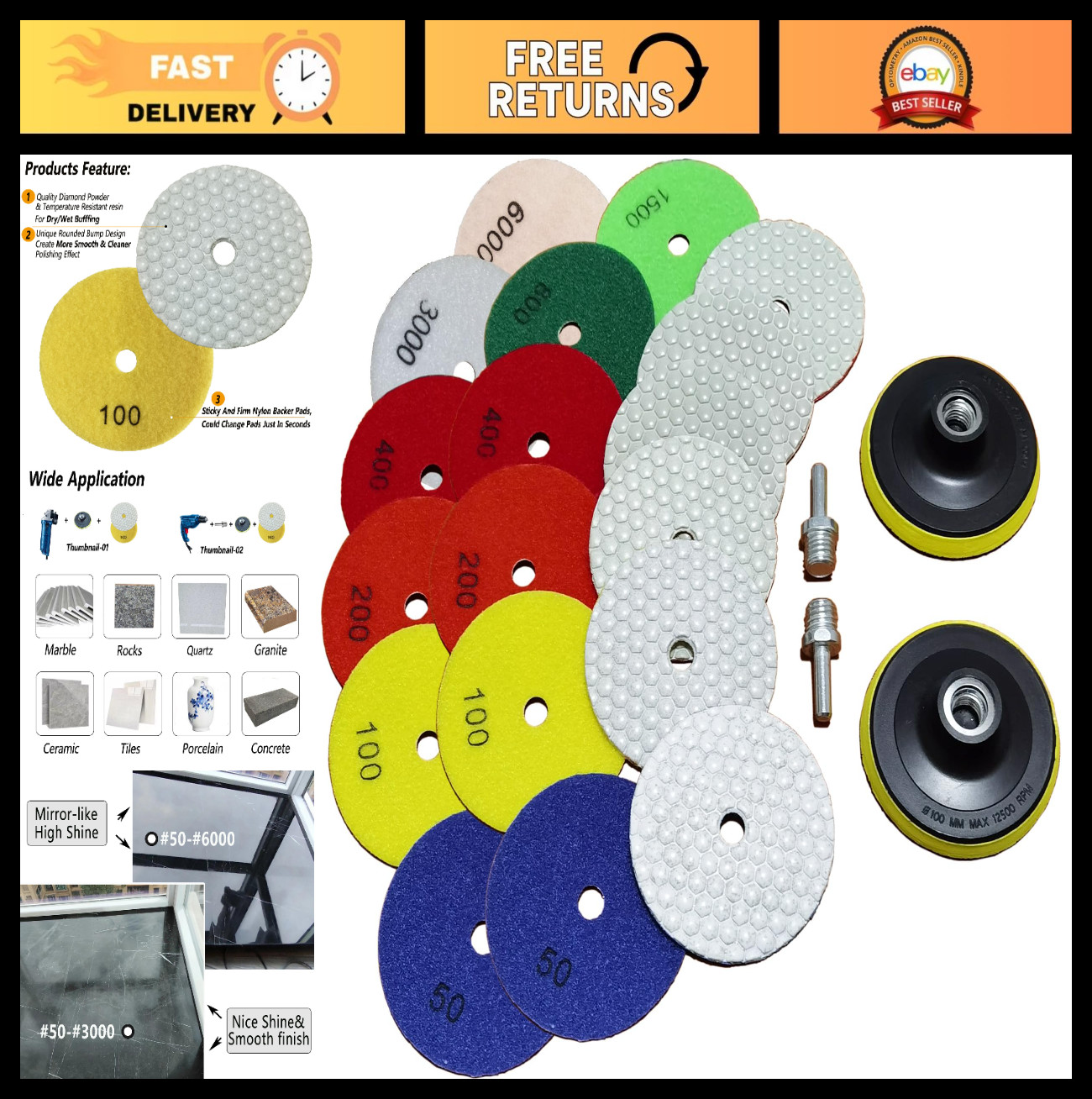 16 Pack 4″ Dry/Wet Diamond Polishing Pads Set for Granite, Marble, Quartz, Stone