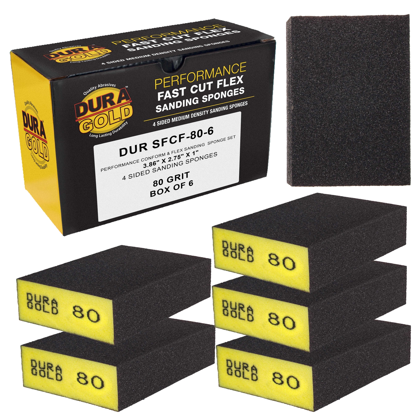 80 Grit 4-Sided Hand Sanding Block Sponges, 6/Box – 3.9″ x 2.75″ x 1″ Wet or Dry