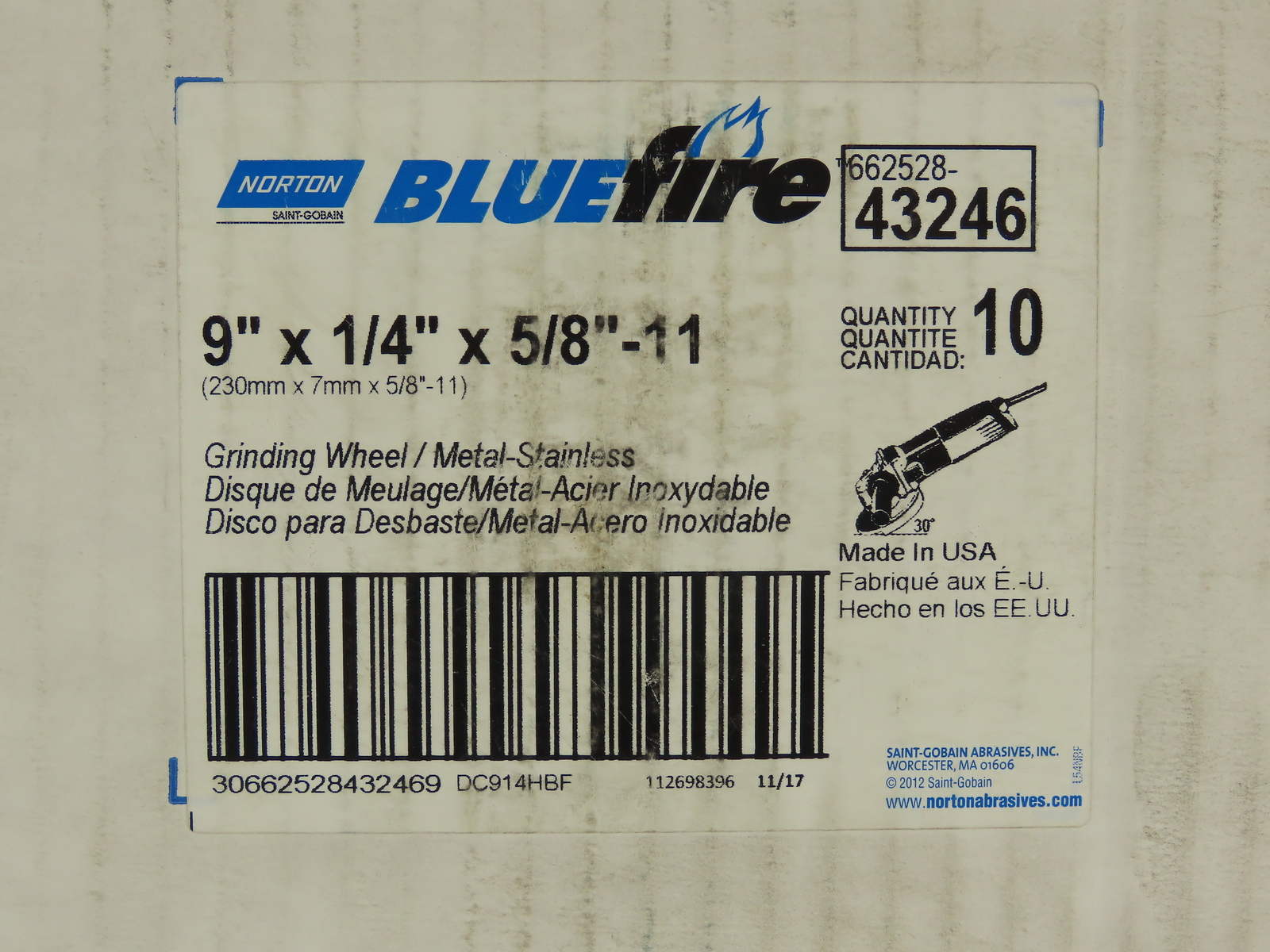 Norton 43246 BlueFire 9″x1/4″ 5/8″-11 Type 27 Grinding Cutting Wheels Case of 10