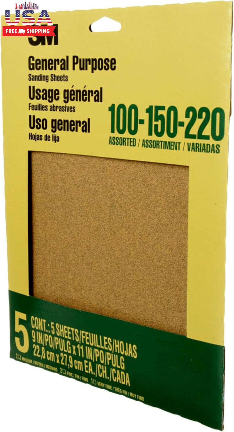 Aluminum Oxide Sandpaper, 5 Sheets, Assorted Grit 100-150-220, 9-In X 11-In, Mul