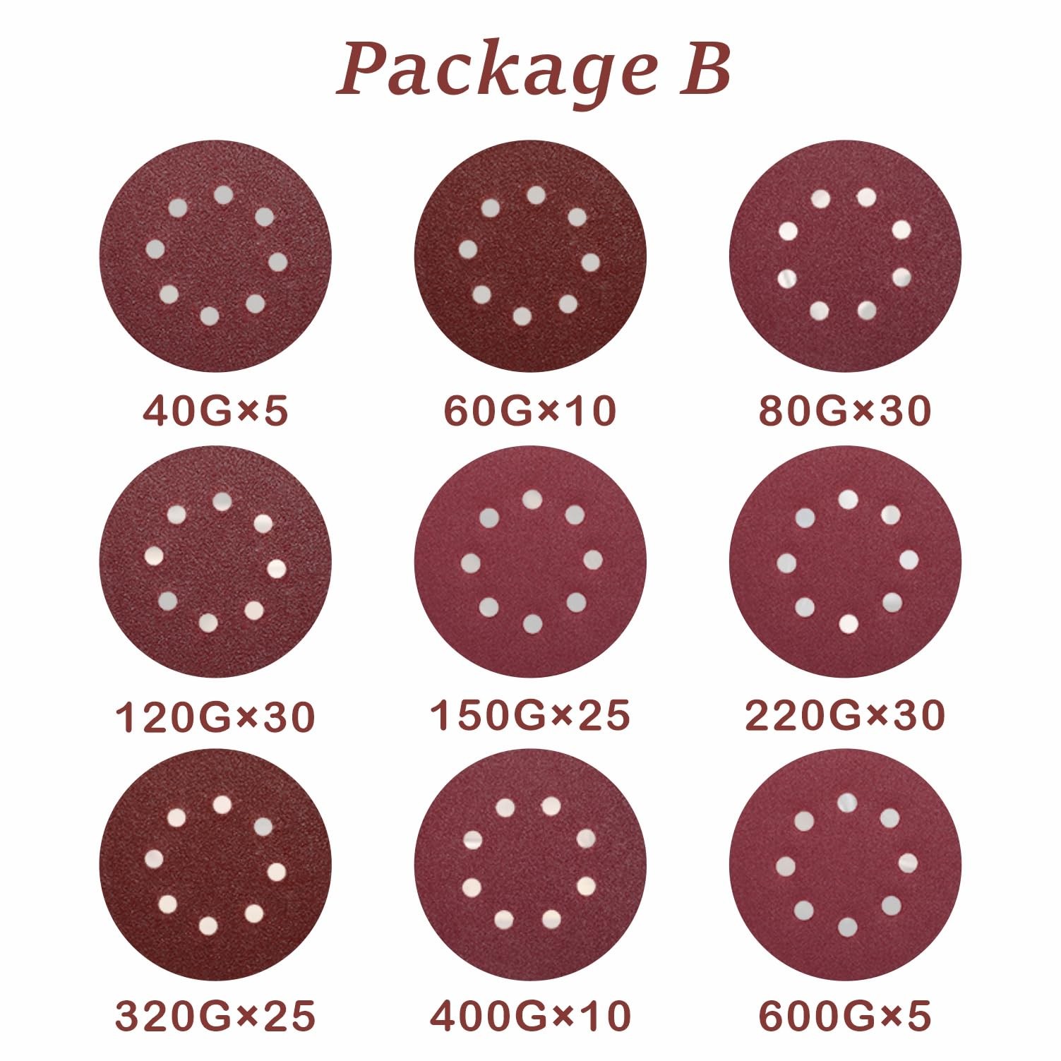 Partyreal Sand-Paper 170PCS 5-Inch 8-Hole Hook-and-Loop Sanding 5 inches, Red