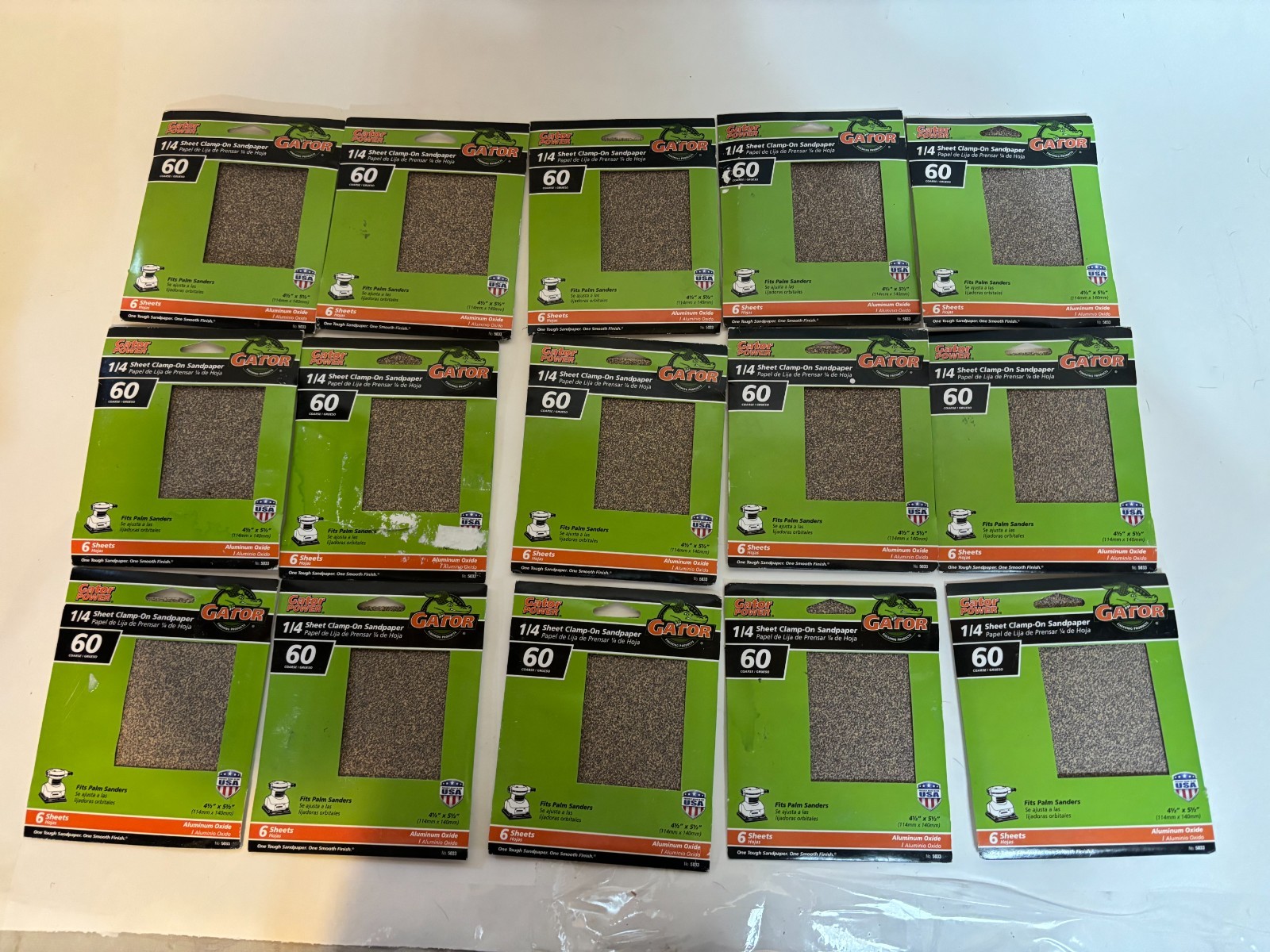 15 packs of Clamp-on 60 grit Gator Power Sandpaper – 6 Sheets/Pack 4.5″ x 5.5″