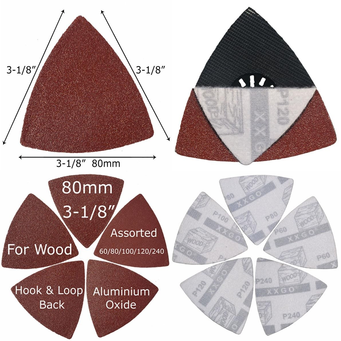 Triangle Oscillating Tool Sanding Pads 31/8 Inch 80mm Assorted Grit 55 PCS