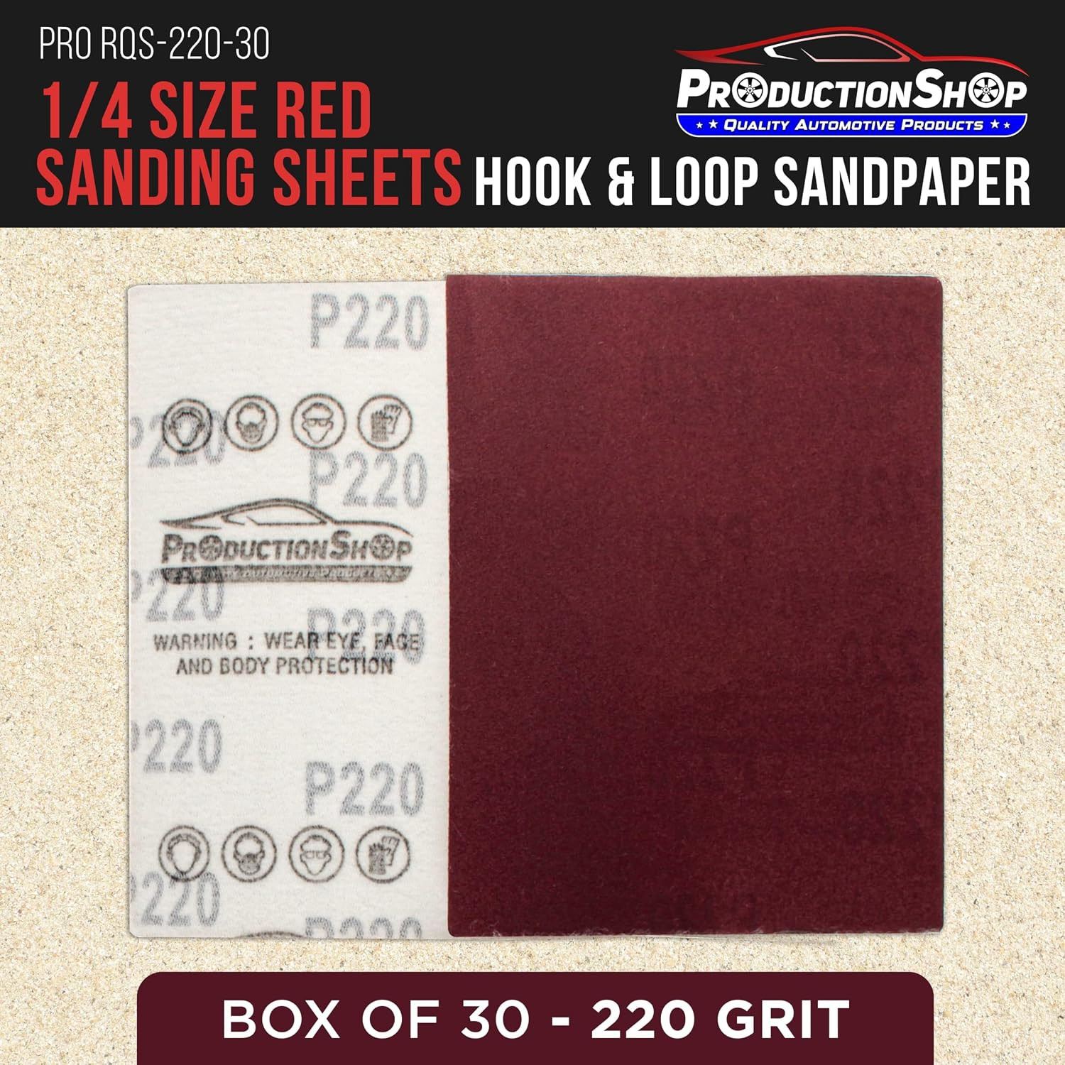 Premium Red 220 Grit 1/4 Sheet Size Red Sanding Sheets, Box