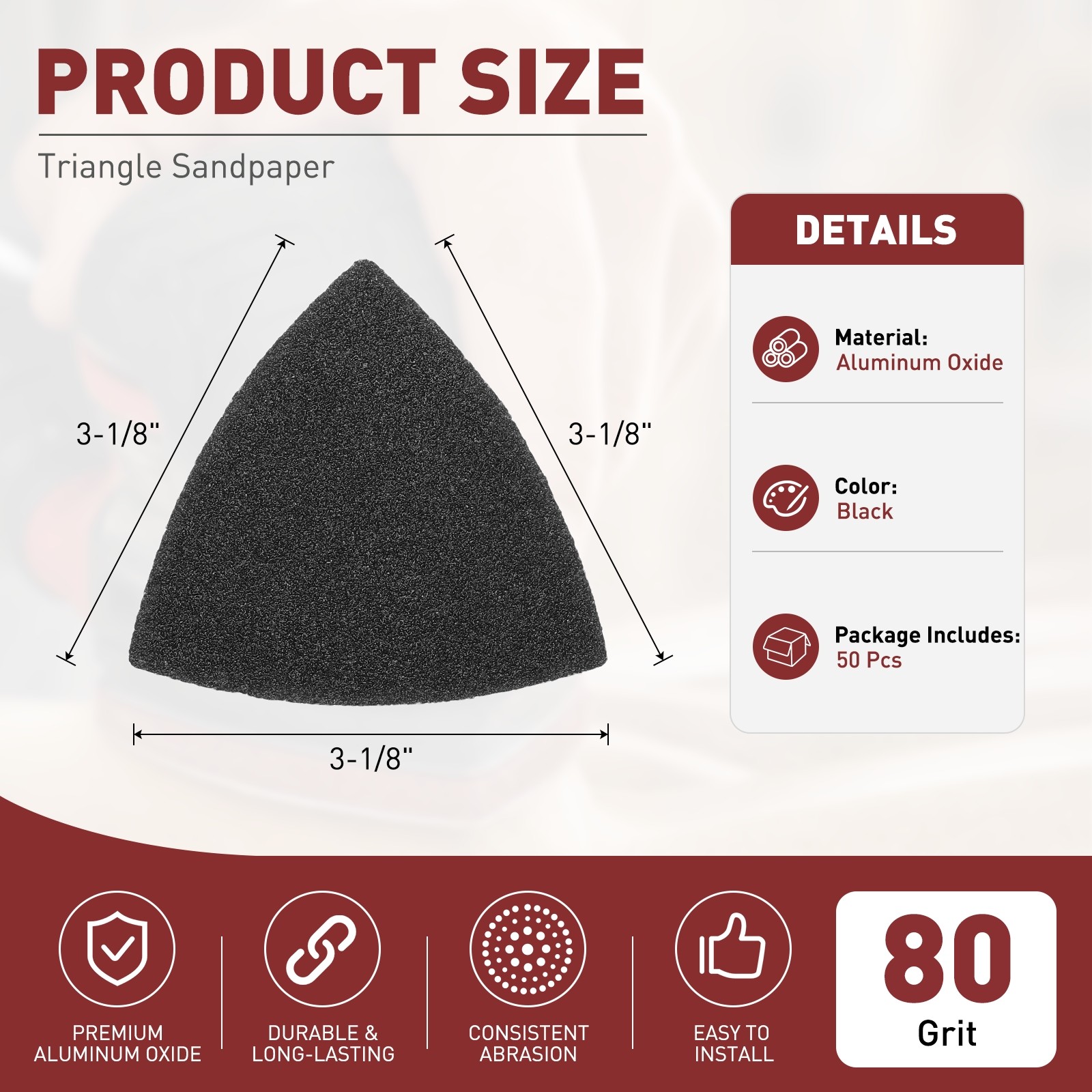 50 Pcs Triangle Sandpaper, 3-1/8″, 80 Grit Aluminum Oxide Sanding Pads, Black
