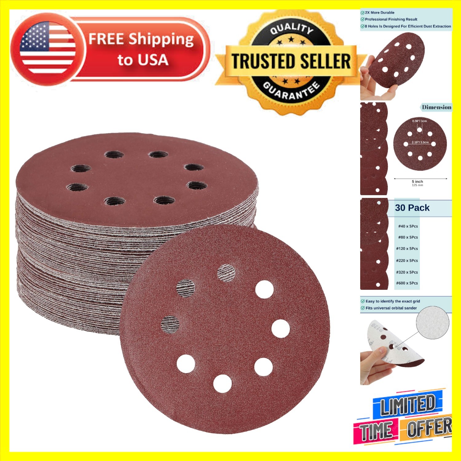 Bates 5-Inch Sanding Discs, 30 Pack with Assorted Grits for Precision Finishing