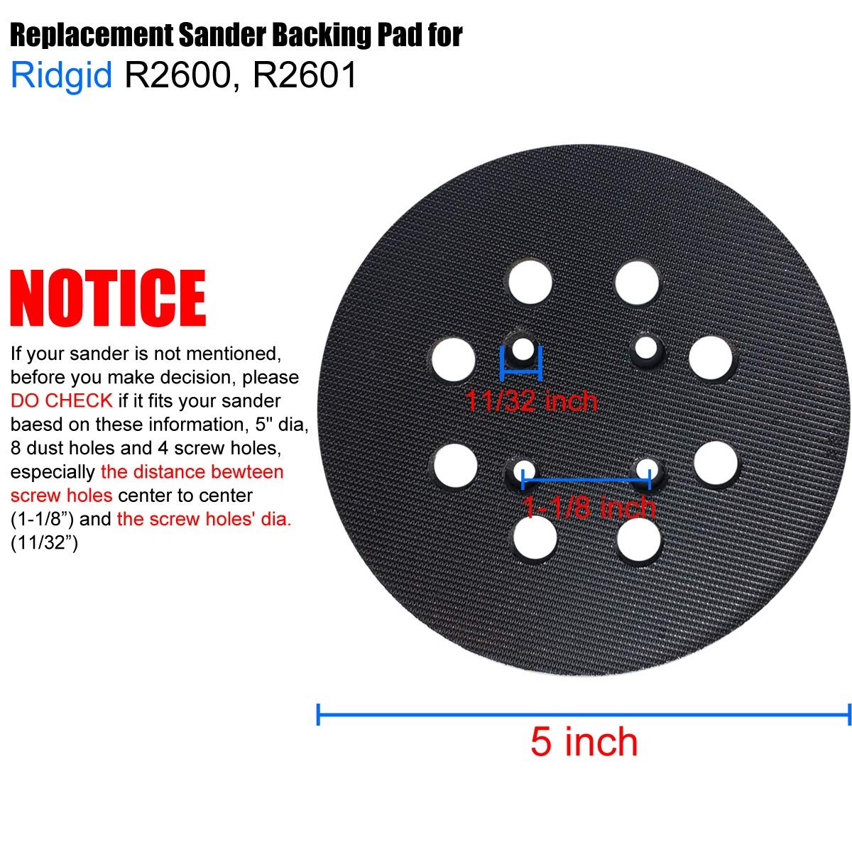 5 Inch Hook Loop Sander Pad 8 Hole Replacement Ridgid R2600 R2601 Sanders 1 Pack