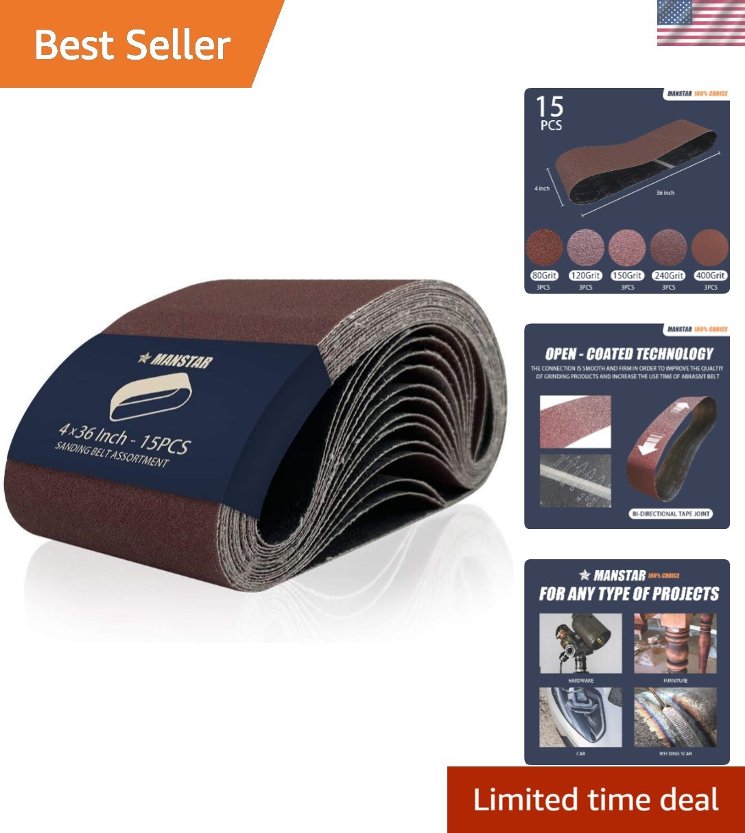 15 Pcs 4×36 Inch Aluminum Oxide Sanding Belts – Versatile Grits for Polishing