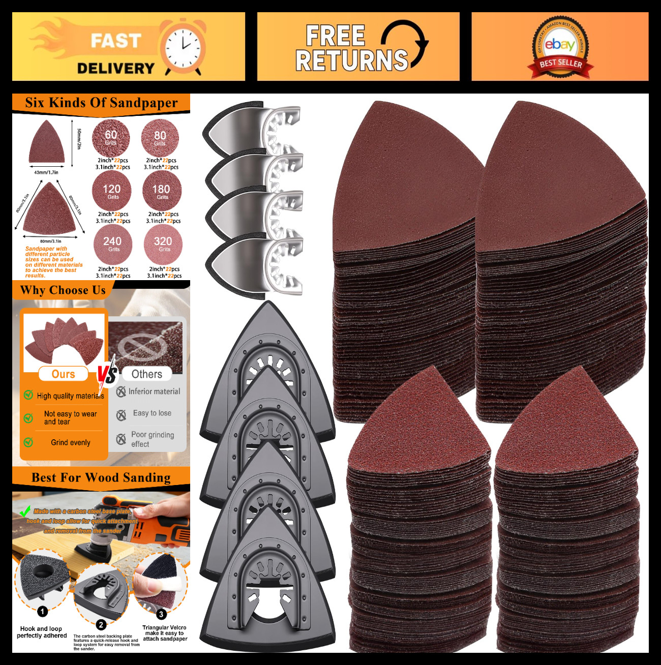 272Pcs Oscillating Tool Sanding Pads Kit – Triangle & Finger Sandpaper Set, Grit
