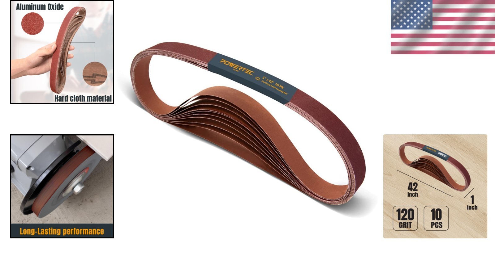 Versatile 10-Pack 1 x 42 Inch Sanding Belts, 120 Grit for All-Pro Sander Types
