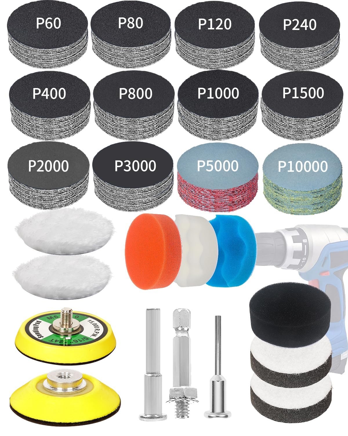 2 Inch Sanding Discs Drill Polishing Kit, 193PCS Car Headlight Restoration Kit