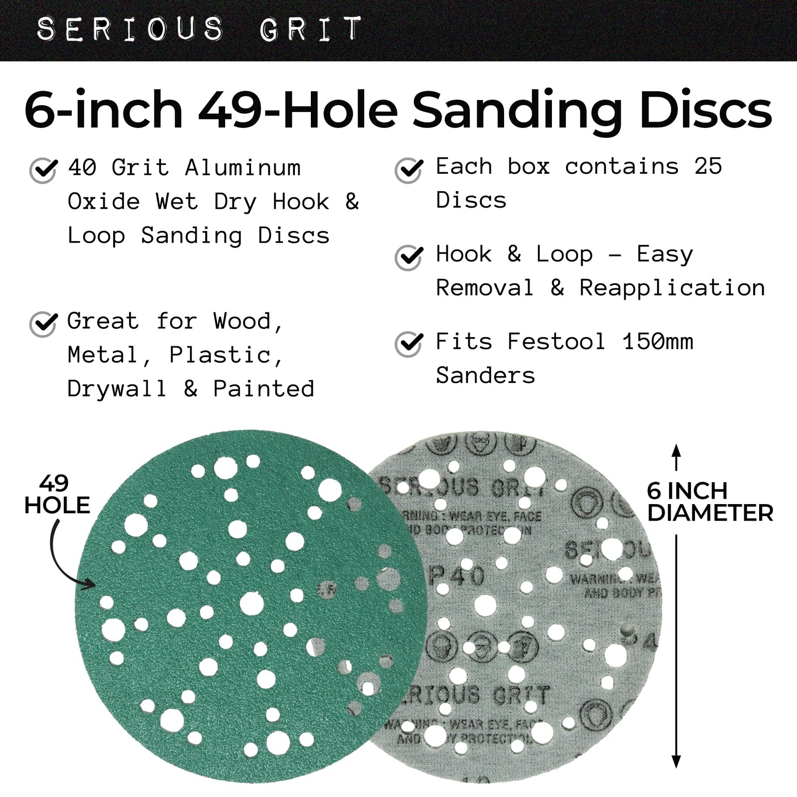 – 6-Inch 49-Hole 40 Grit Sanding Discs – Heavy-Duty Hook & Loop Film Discs – …