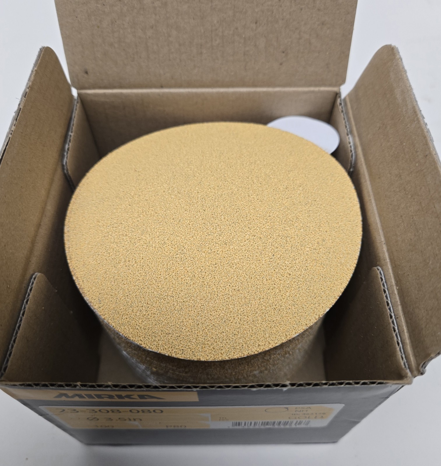 MIRKA SANDING DISCS 23-308-150. GOLD 3.5″, P150 GRIT. BOX OF 100.