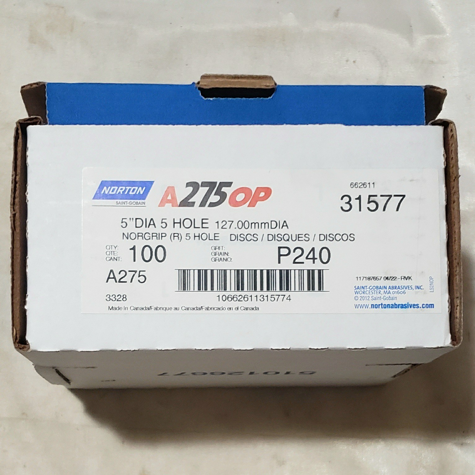 Norton A27OP 31577 P240 5″ Hook & Loop 5 Hole Sanding Disc 240 Grit